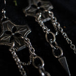 Load image into Gallery viewer, Pair of silver earrings with chained spikes dangling from floral checkered pendant.
